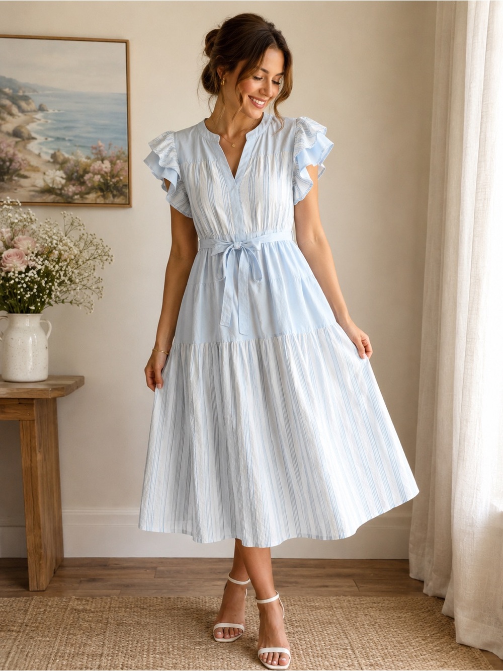 NWT Umgee Blue & White Striped Midi Dress Size Small Cottagecore